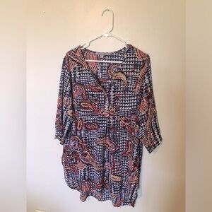 Vibrant Blue and Red Paisley Tunic with 3/4 Sleeves Lightweight & Flowy